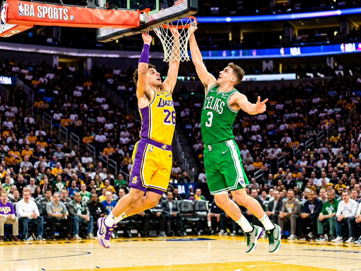 NBA比赛现场 - 湖人队与凯尔特人队的激烈对抗，球员空中扣篮瞬间